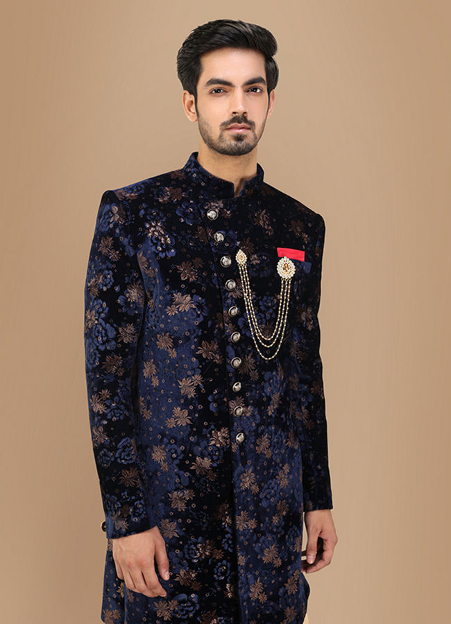 Manyavar blue shop sherwani